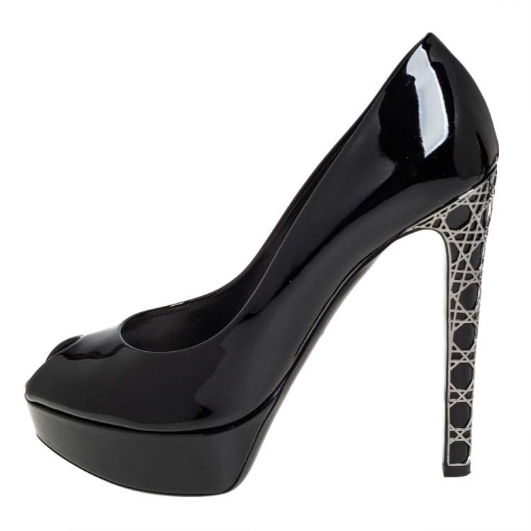 Pre Owned Dior Black Patent Leather Cannage Heel Peep Toe Platform Pumps Size 39.5