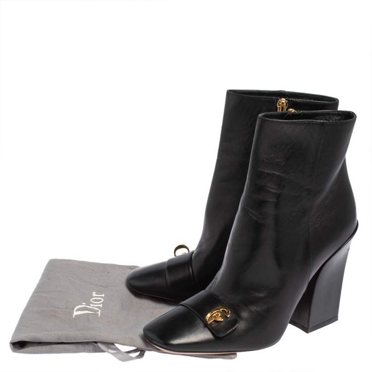 Pre Owned Dior Black Leather CD Logo Embellished Ankle Length Boots Size 39