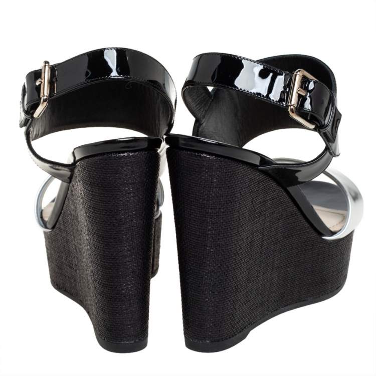 Pre Owned Dior Silver/Black Patent And Leather Wedge Slingback Platform Sandals Size 38