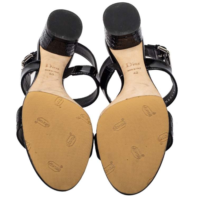 Pre Owned Dior Black Cannage Quilted Patent Leather Ankle Strap Sandals Size 40