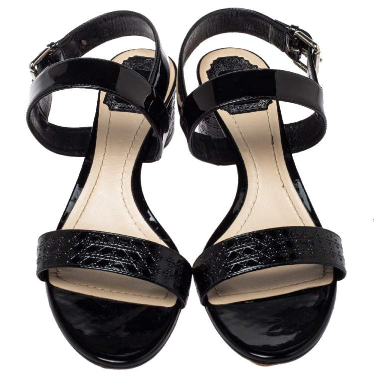Pre Owned Dior Black Cannage Quilted Patent Leather Ankle Strap Sandals Size 40