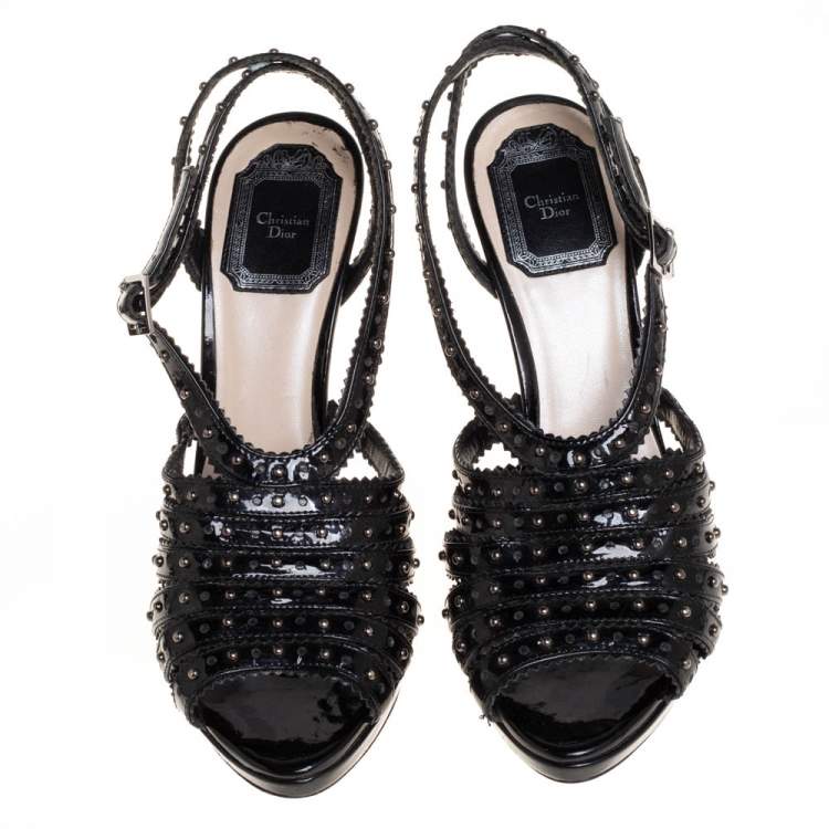 Pre Owned Dior Black Patent Leather Studded Strappy Slingback Sandals Size 37.5