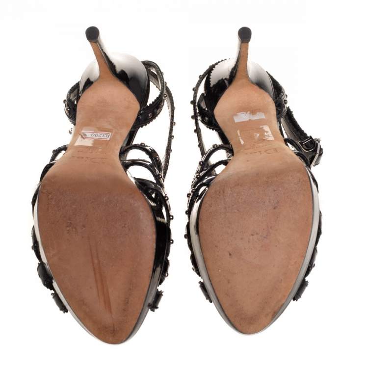 Pre Owned Dior Black Patent Leather Studded Strappy Slingback Sandals Size 37.5