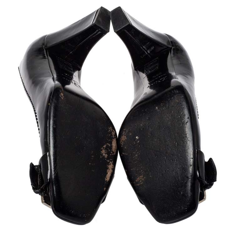 Pre Owned Dior Black Patent Leather Buckle Detail Block Heel Pumps Size 39.5
