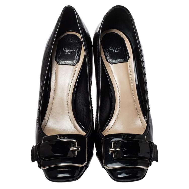 Pre Owned Dior Black Patent Leather Buckle Detail Block Heel Pumps Size 39.5