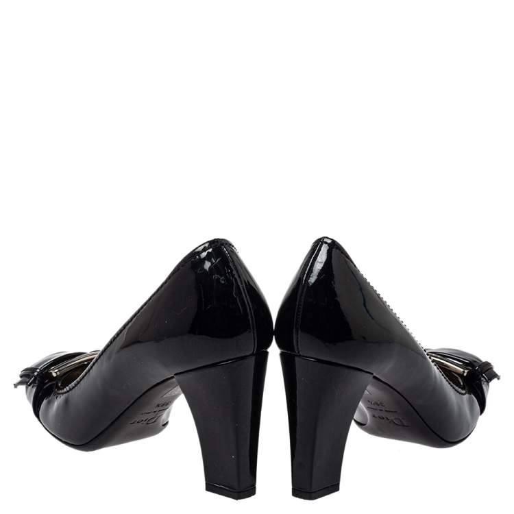 Pre Owned Dior Black Patent Leather Buckle Detail Block Heel Pumps Size 39.5