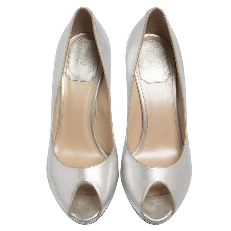 Pre Owned Dior Silver Leather Peep Toe Pumps Size 37