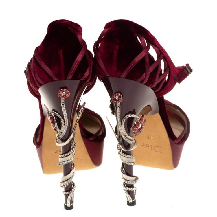 Pre Owned Dior Burgundy Velvet and Satin Platform Floral Embellished Heel Pumps Size 37