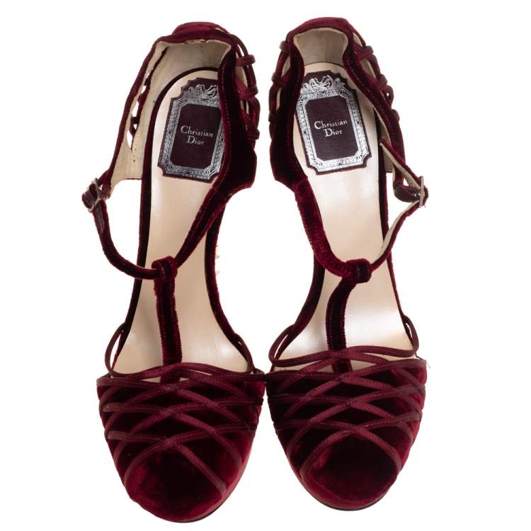 Pre Owned Dior Burgundy Velvet and Satin Platform Floral Embellished Heel Pumps Size 37