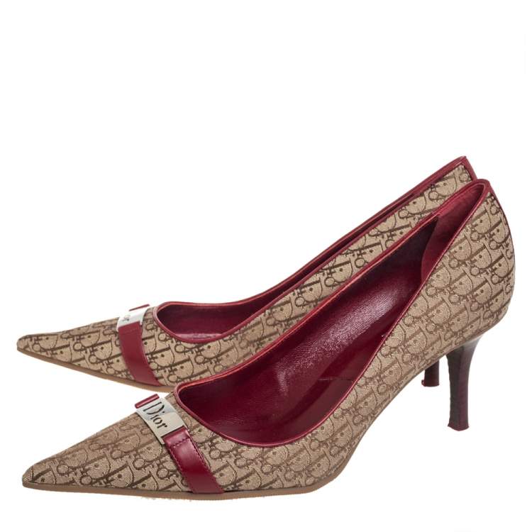 Pre Owned Dior Beige Canvas And Leather Logo Trim Pointed Toe Pumps Size  39