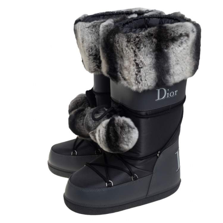 Pre Owned Dior Grey/Black Fur And Fabric Moon Boots Size 40