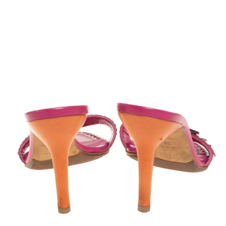 Pre Owned Dior Pink/Orange Leather Studded Logo Detail Slide Sandals Size 39
