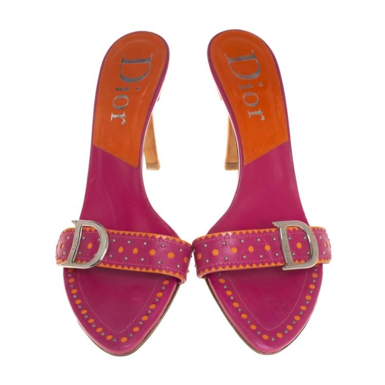 Pre Owned Dior Pink/Orange Leather Studded Logo Detail Slide Sandals Size 39