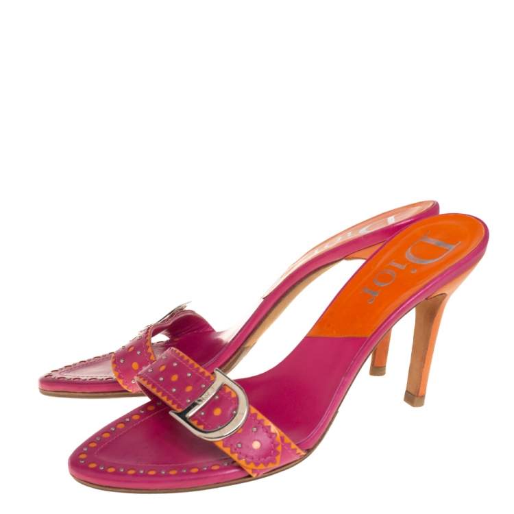 Pre Owned Dior Pink/Orange Leather Studded Logo Detail Slide Sandals Size 39