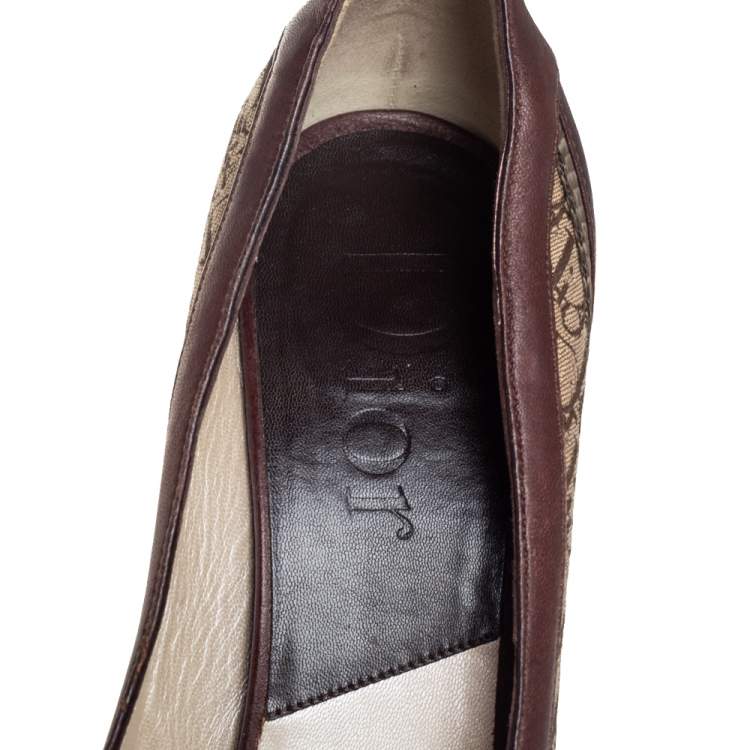 Pre Owned Dior Beige/Brown Canvas And Leather Peep Toe Pumps Size 42