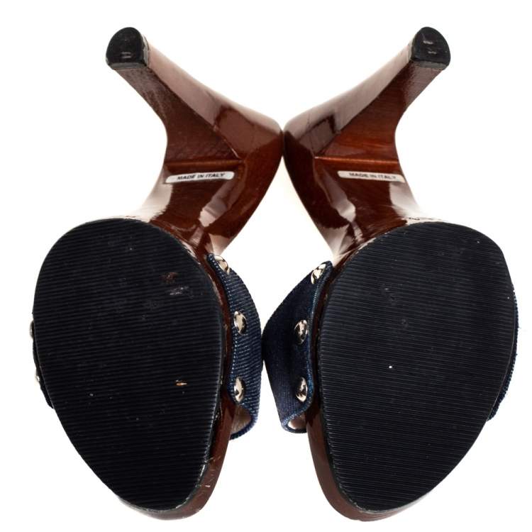Pre Owned Dior Blue Denim Wooden Clog Slide Sandals Size 35.5