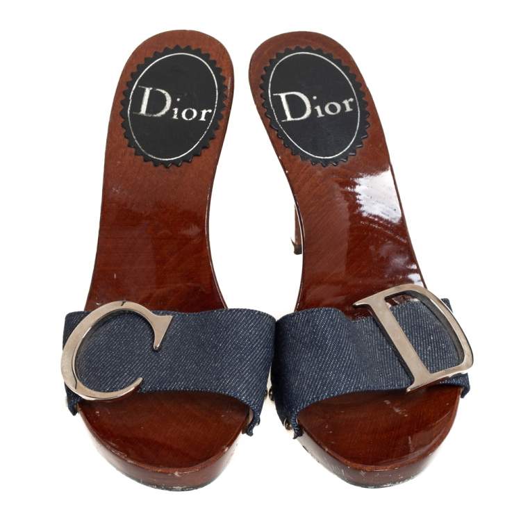 Pre Owned Dior Blue Denim Wooden Clog Slide Sandals Size 35.5