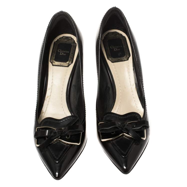 Pre Owned Dior Black Patent Heart Bow Embellished Pointed Toe Pumps Size 36