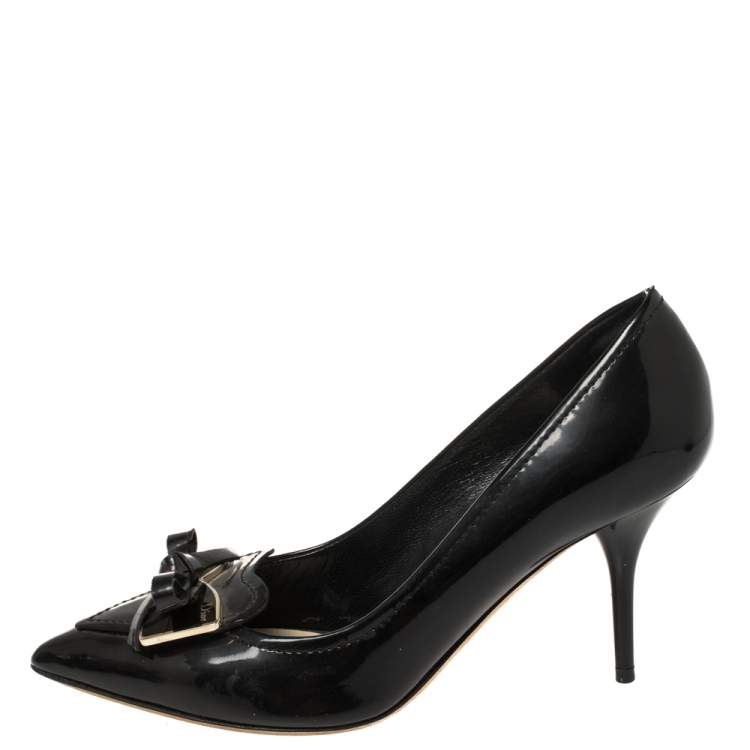 Pre Owned Dior Black Patent Heart Bow Embellished Pointed Toe Pumps Size 36