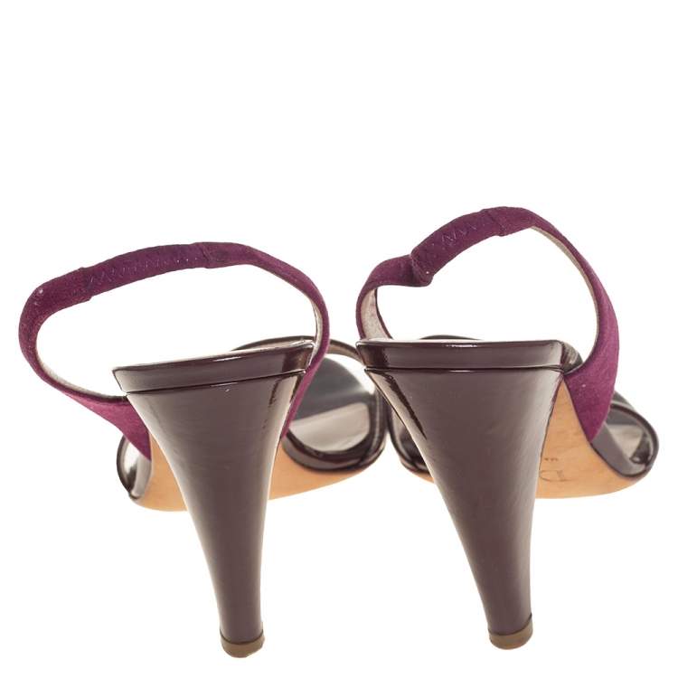 Pre Owned Dior Burgundy Patent Leather and Velvet Open Toe Slingback Sandals Size 38