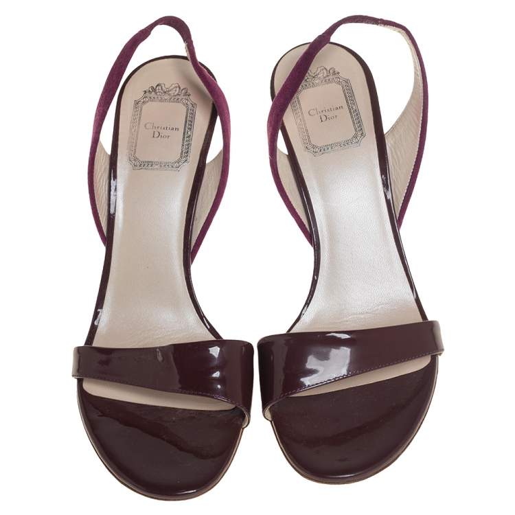 Pre Owned Dior Burgundy Patent Leather and Velvet Open Toe Slingback Sandals Size 38
