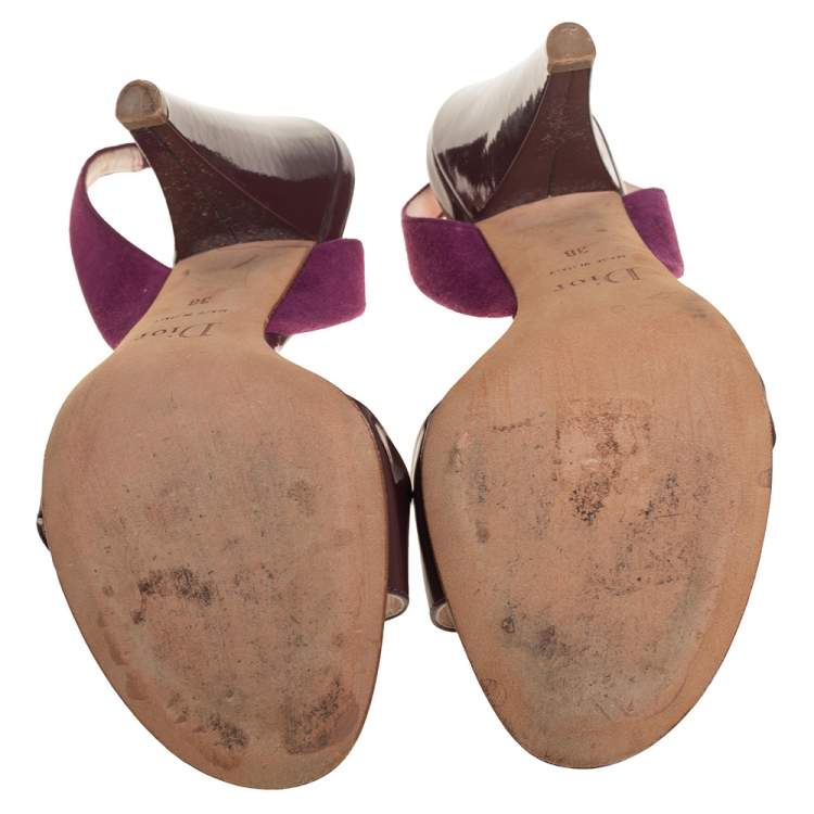 Pre Owned Dior Burgundy Patent Leather and Velvet Open Toe Slingback Sandals Size 38