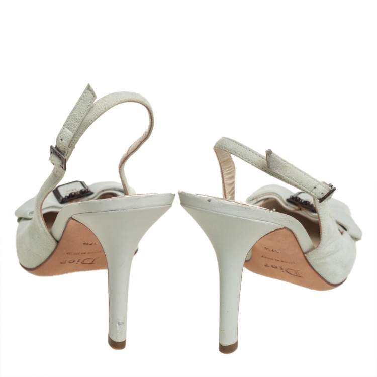 Pre Owned Dior Mint Green Suede and Leather Square Toe Slingback Bow Sandals Size 37.5