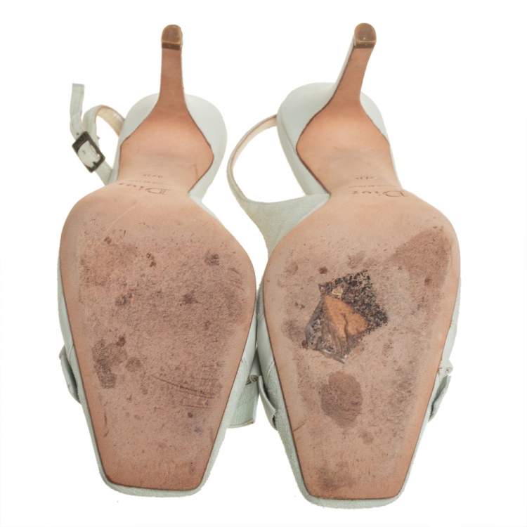 Pre Owned Dior Mint Green Suede and Leather Square Toe Slingback Bow Sandals Size 37.5