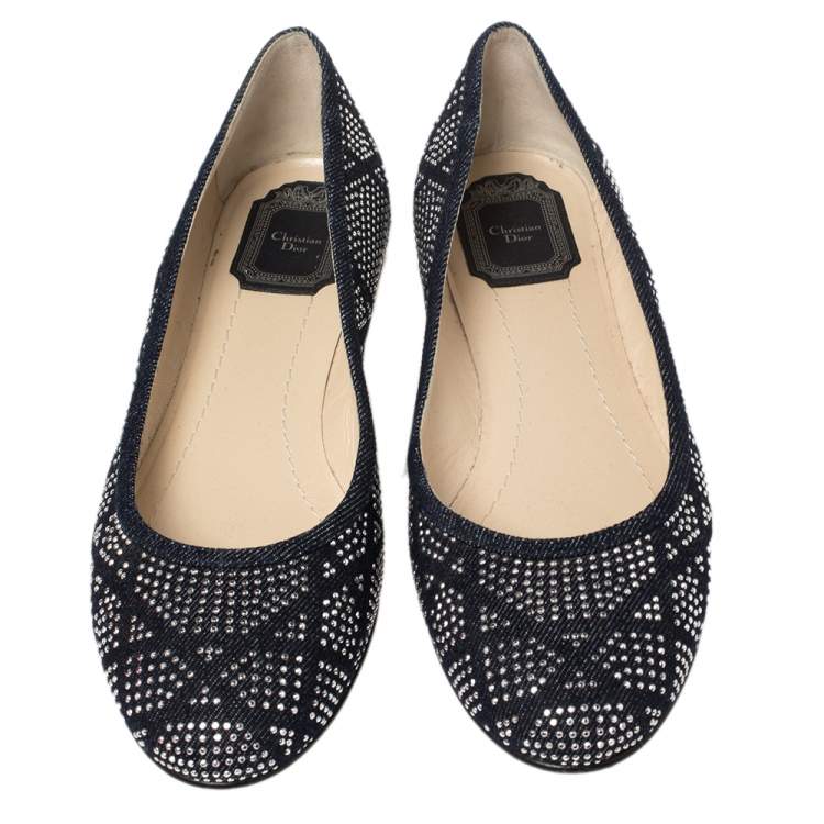 Pre Owned Dior Blue Denim Studded Saga Ballet Flat Size 40