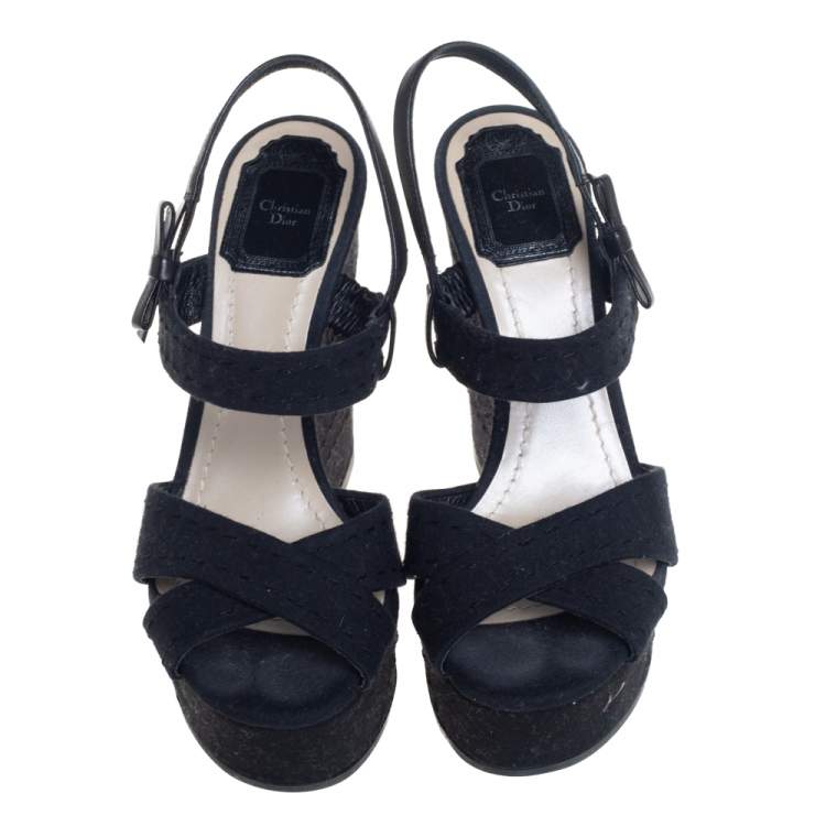 Pre Owned Dior Black Leather And Canvas Criss Cross Platform Wedge Slingback Sandals Size 37