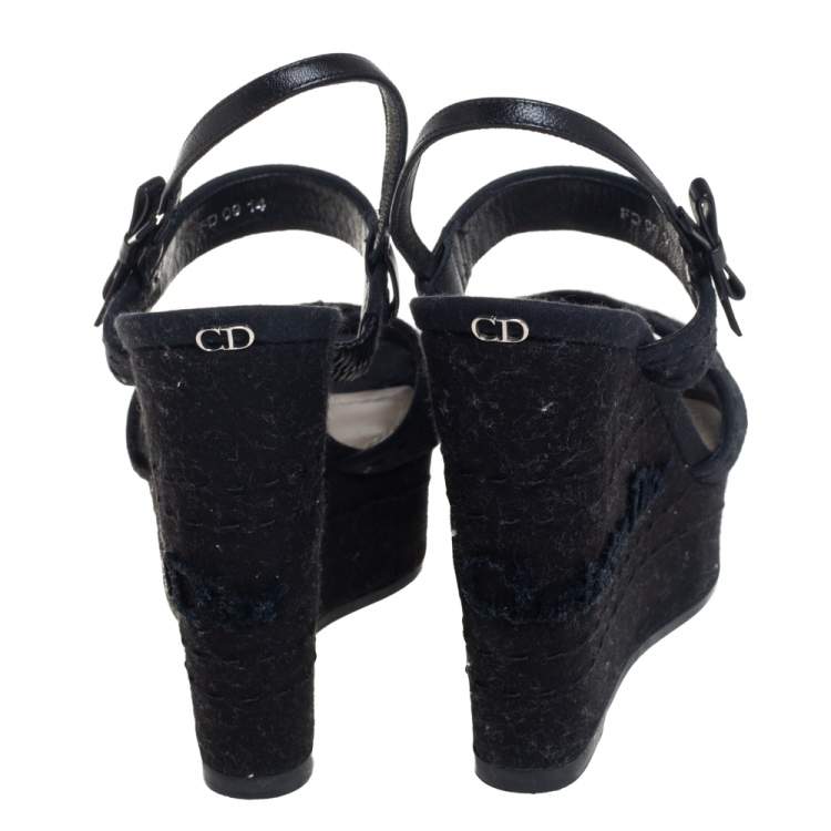Pre Owned Dior Black Leather And Canvas Criss Cross Platform Wedge Slingback Sandals Size 37