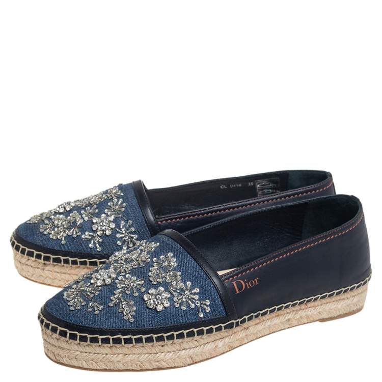 Pre Owned Dior Blue/Black Denim And Leather Embellished Flat Espadrilles Size 39