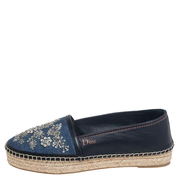 Pre Owned Dior Blue/Black Denim And Leather Embellished Flat Espadrilles Size 39
