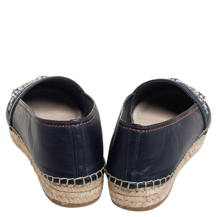 Pre Owned Dior Blue/Black Denim And Leather Embellished Flat Espadrilles Size 39