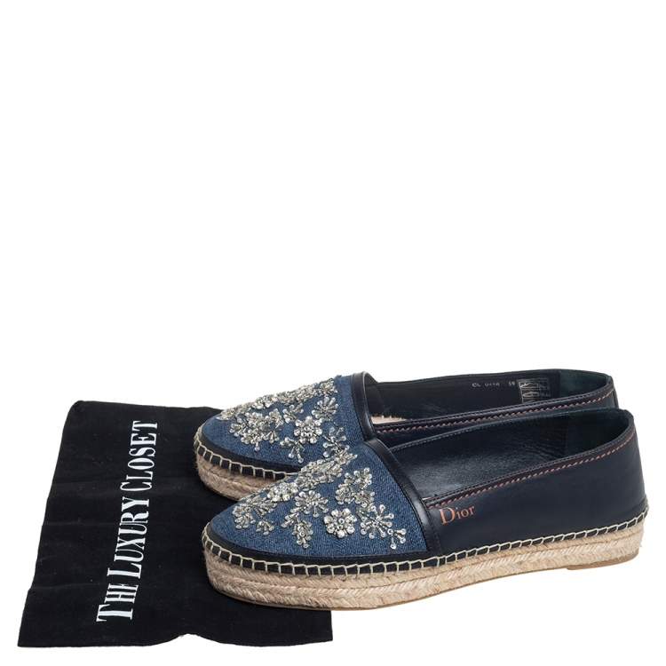 Pre Owned Dior Blue/Black Denim And Leather Embellished Flat Espadrilles Size 39