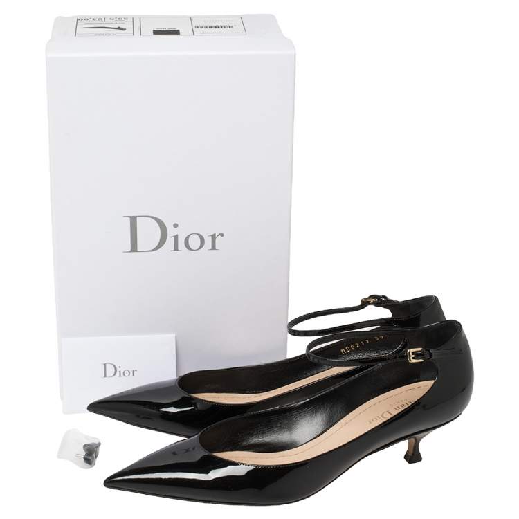 Pre Owned Dior Black Patent Leather Pointed Toe Ankle Strap Kitten Heel Pumps Size 39.5