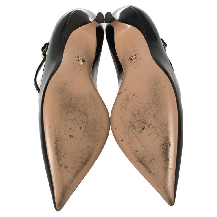 Pre Owned Dior Black Patent Leather Pointed Toe Ankle Strap Kitten Heel Pumps Size 39.5