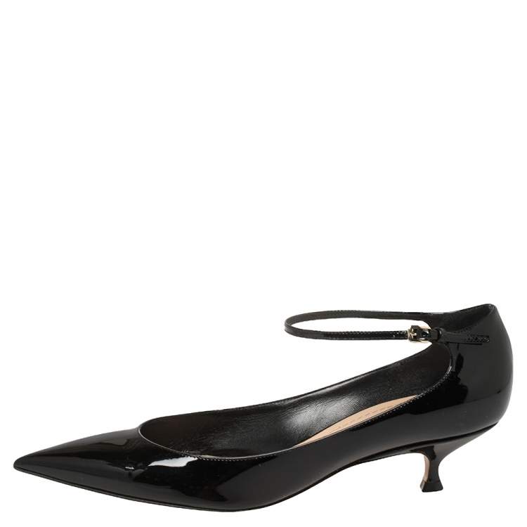 Pre Owned Dior Black Patent Leather Pointed Toe Ankle Strap Kitten Heel Pumps Size 39.5