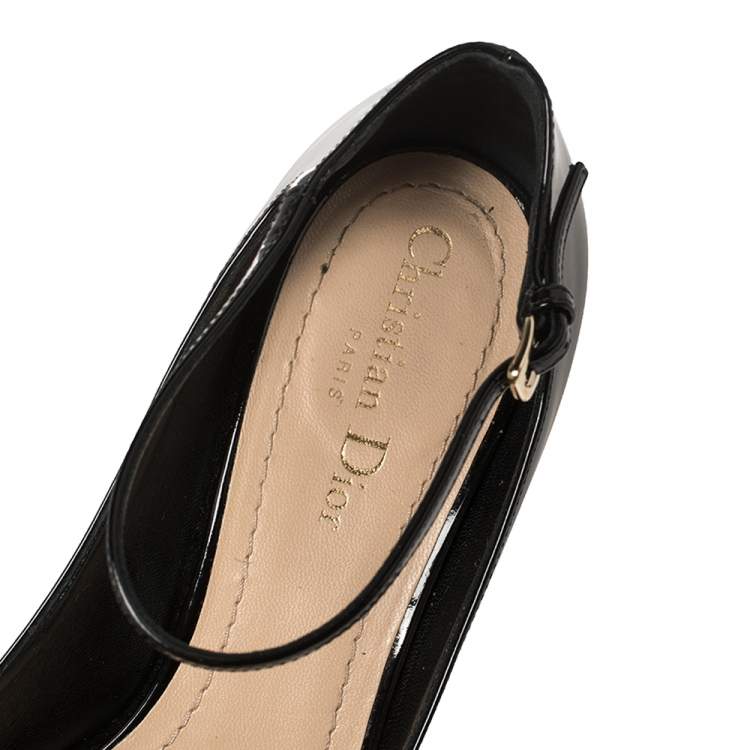 Pre Owned Dior Black Patent Leather Pointed Toe Ankle Strap Kitten Heel Pumps Size 39.5