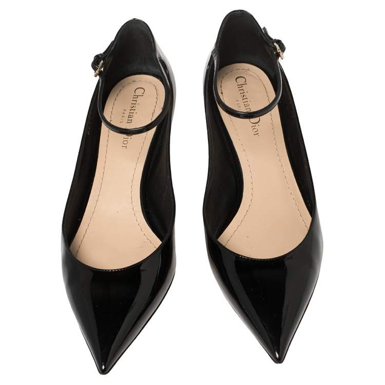 Pre Owned Dior Black Patent Leather Pointed Toe Ankle Strap Kitten Heel Pumps Size 39.5