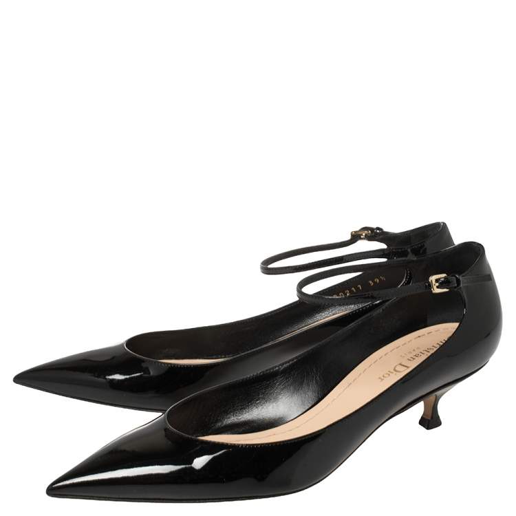 Pre Owned Dior Black Patent Leather Pointed Toe Ankle Strap Kitten Heel Pumps Size 39.5