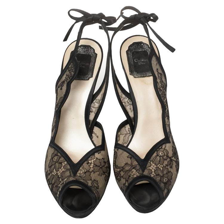 Pre Owned Dior Black Lace And Satin Ankle Tie Slingback Platform Sandals Size 40