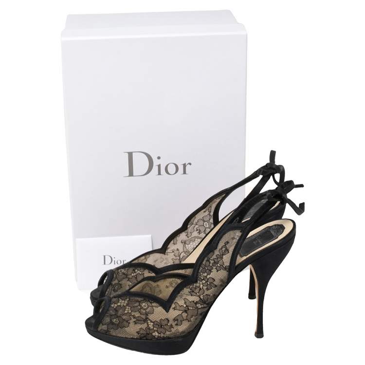 Pre Owned Dior Black Lace And Satin Ankle Tie Slingback Platform Sandals Size 40