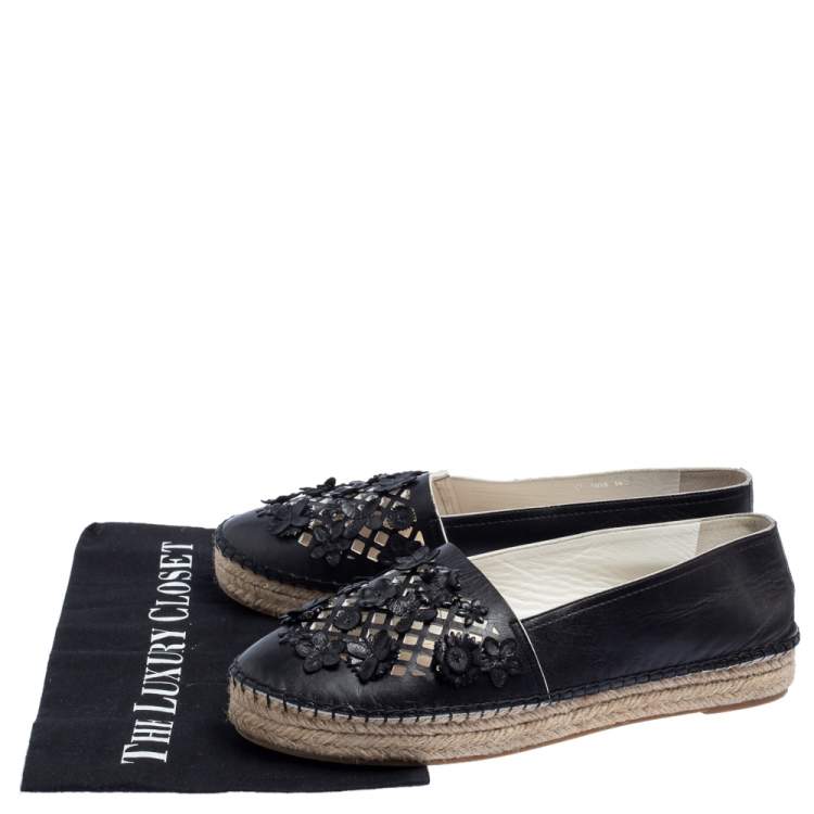 Pre Owned Dior Black Laser Cut Floral Embellished Leather Flore Espadrilles Size 39.5