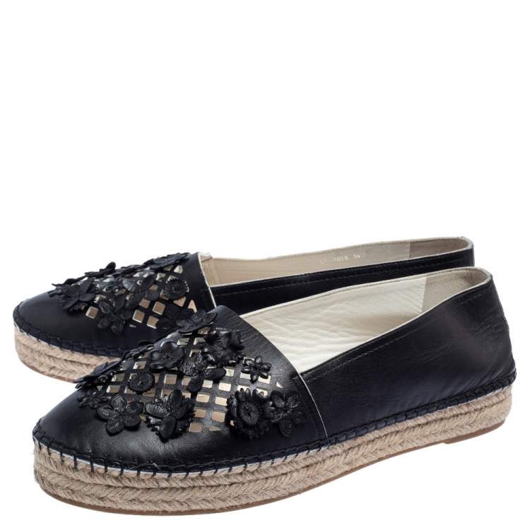 Pre Owned Dior Black Laser Cut Floral Embellished Leather Flore Espadrilles Size 39.5