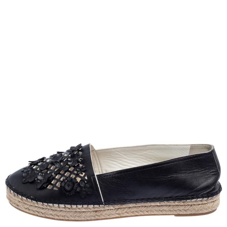 Pre Owned Dior Black Laser Cut Floral Embellished Leather Flore Espadrilles Size 39.5