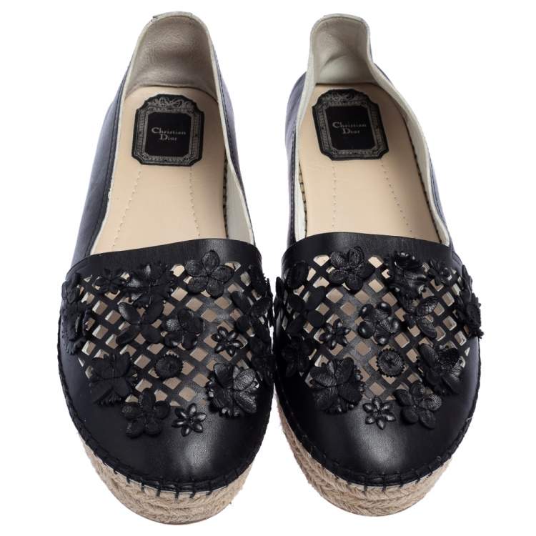 Pre Owned Dior Black Laser Cut Floral Embellished Leather Flore Espadrilles Size 39.5