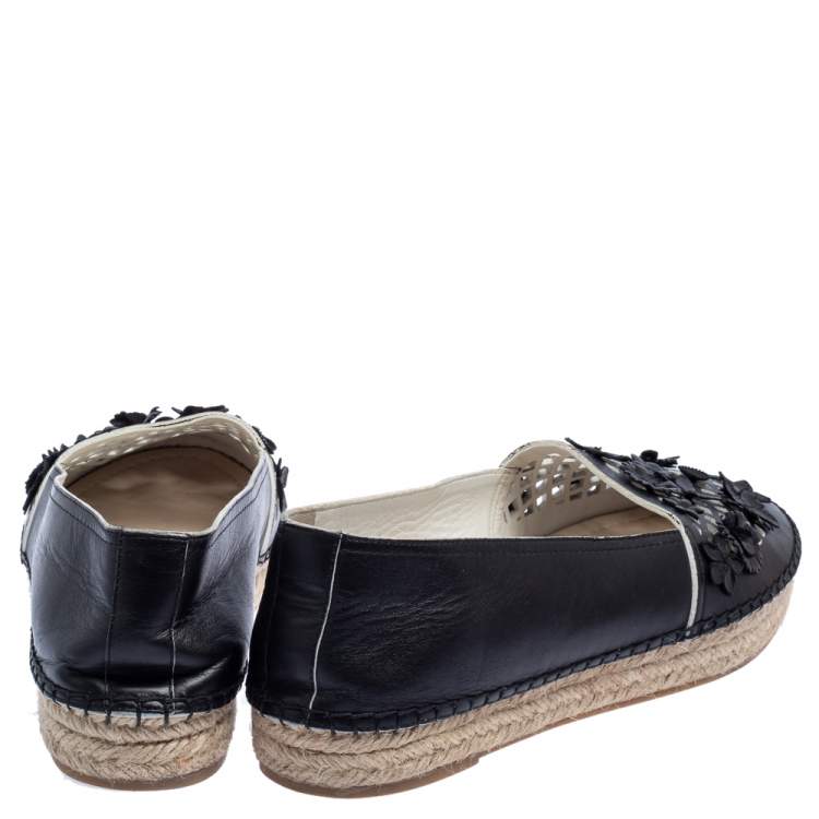 Pre Owned Dior Black Laser Cut Floral Embellished Leather Flore Espadrilles Size 39.5