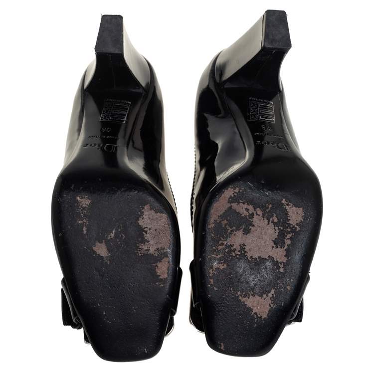Pre Owned Dior Black Patent Leather Buckle Detail Block Heel Pumps Size 38