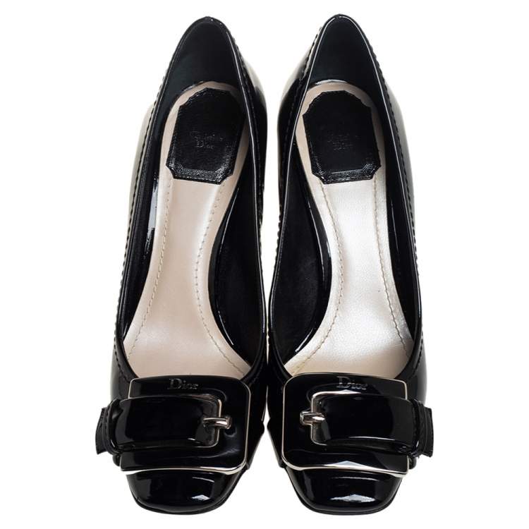 Pre Owned Dior Black Patent Leather Buckle Detail Block Heel Pumps Size 38